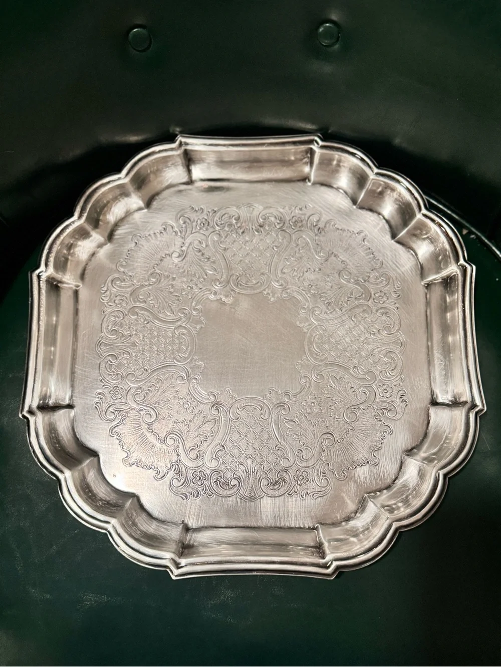 Vintage Silverplate Ornate Floral Scroll Scalloped Footed Serving Tray